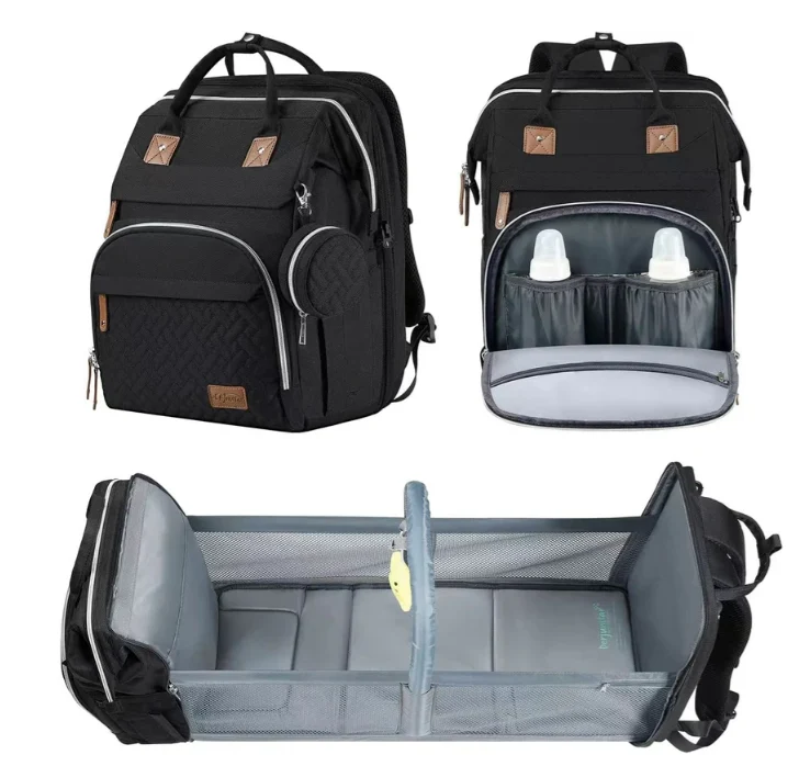 Sac Berceau Seawaves noir, en sac à dos et en lit