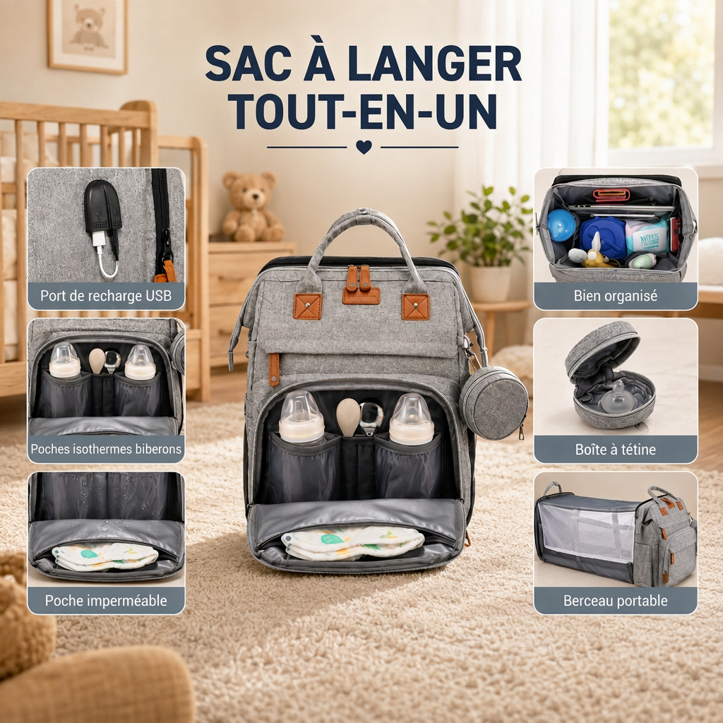 Sac Berceau Seawaves avec ses poches isothermes, son port USB et sa poche imperméable