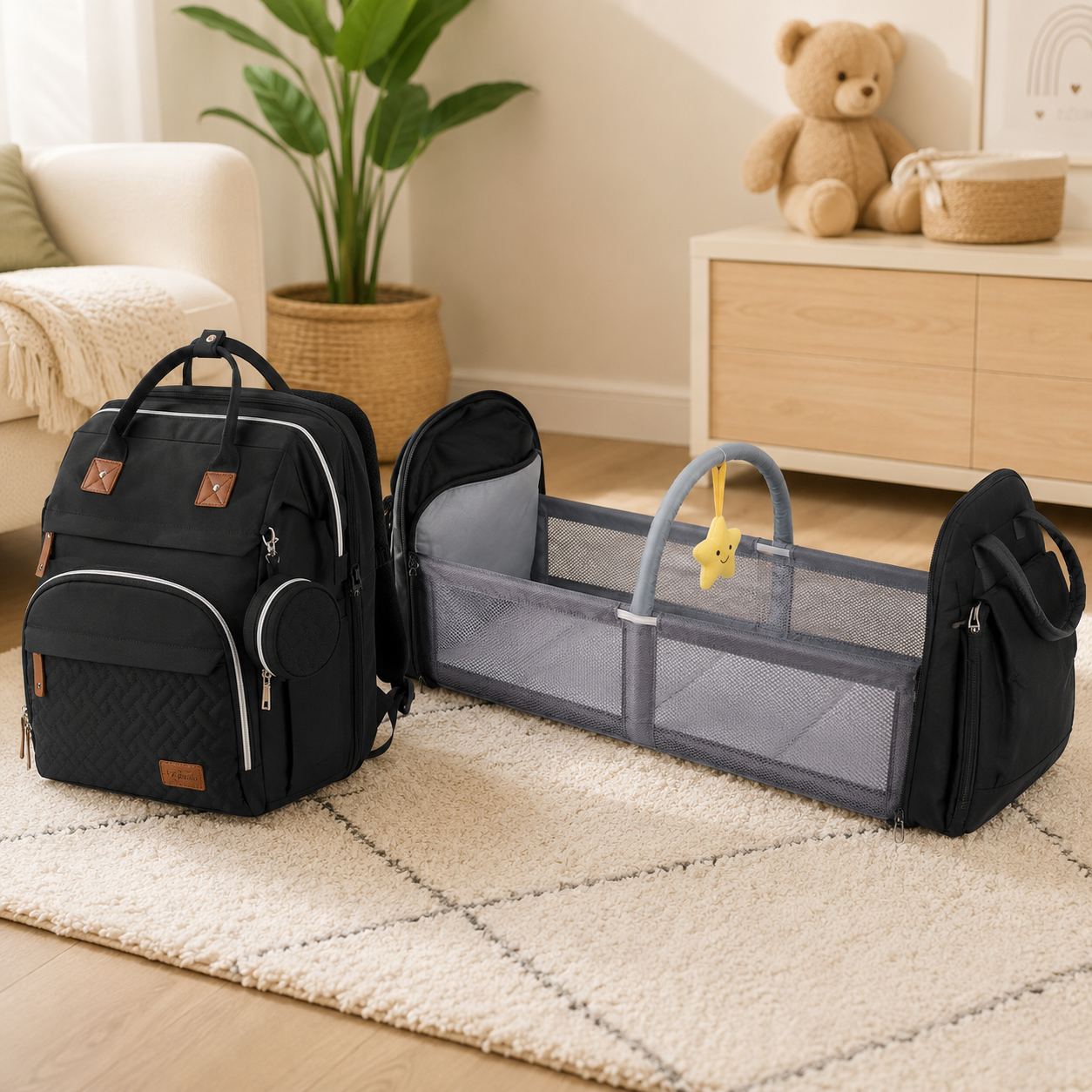 Sac Berceau Seawaves déplié en lit bébé portable dans une chambre
