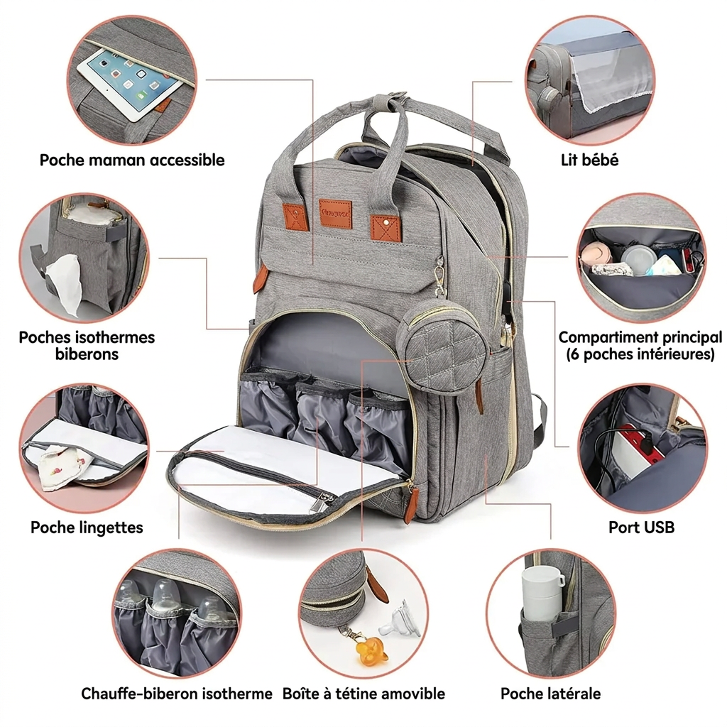 Détails du Sac Berceau Seawaves : poche maman, chauffe-biberons, poche lingettes, port USB et lit bébé